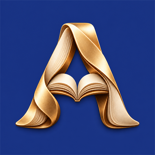 A golden letter A made from folded pages, with an open book at its centre